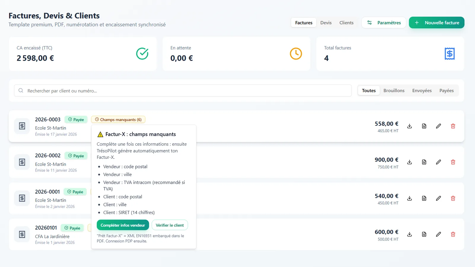 Aperçu des factures avec badge Factur-X